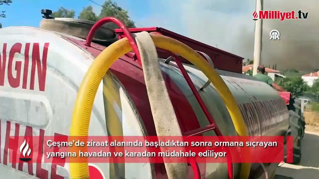 Çeşme'de ziraat alanında başlayıp ormana sıçrayan yangına müdahale ediliyor