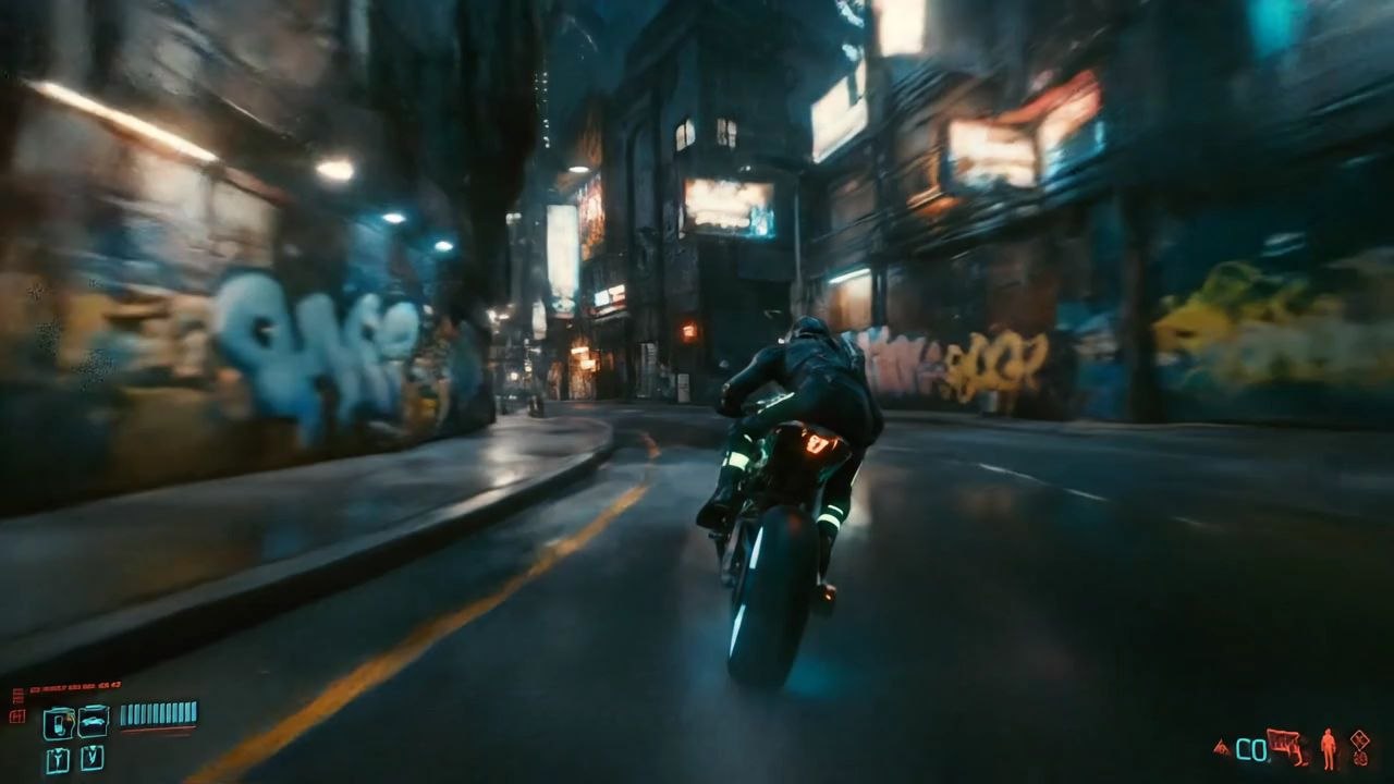 A suspenseful Denis Villeneuve style medium arch shot of a cyber rider escaping the police in a narrow cyberpunk alley at night #bike