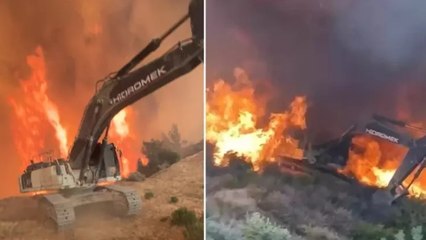 Alevlerin arasında kalan ekskavatörün operatörü ölümden döndü