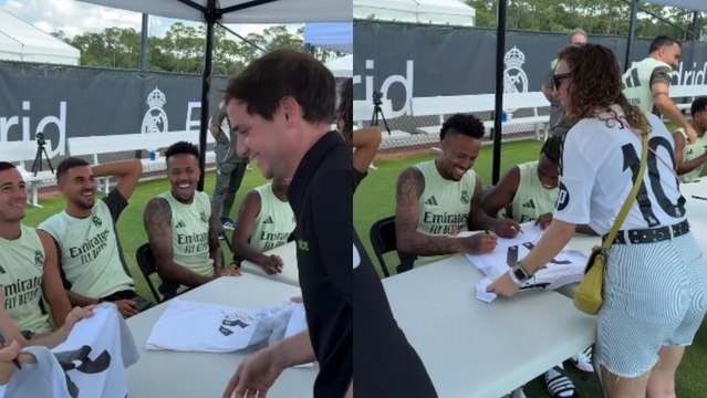 El vacile de los jugadores del Madrid a Jero Freixas: Te la firmo por tu mujer