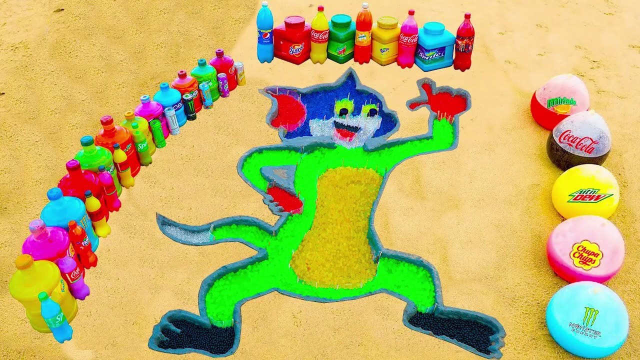 How to make Rainbow Tom Cat with Orbeez, Balloons of Coca Cola, Monster and Mentos & Popular Sodas