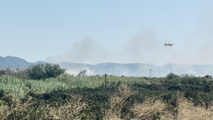 Un avión descarga en el incendio de l'Ènova. Fuente: Radio Xàtiva Cadena SER