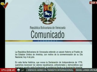 Venezuela extiende saludo fraterno al pueblo de EE. UU. por la conmemoración del 4 de julio