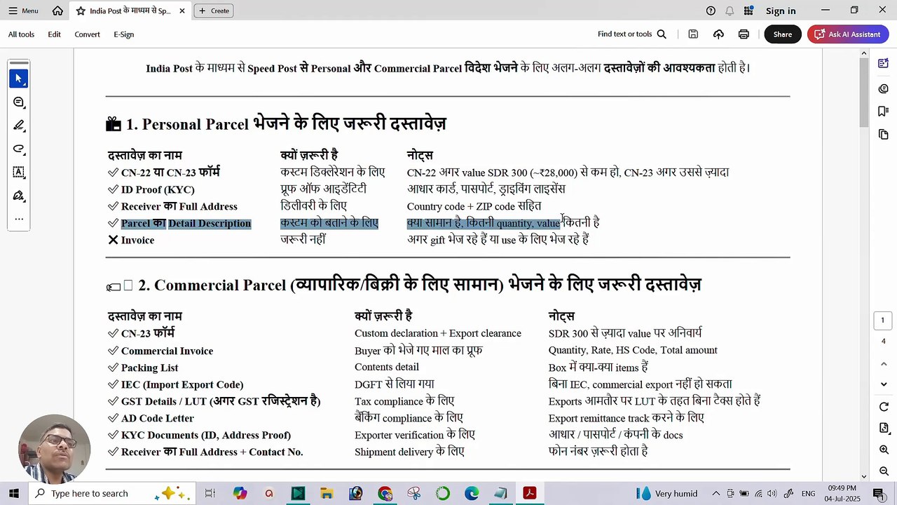 स्पीड पोस्ट से व्यक्तिगत और व्यवसायिक पार्सल विदेश भेजने के लिए कौन-कौन से दस्तावेज़ ज़रूरी हैं_