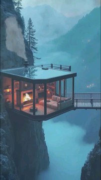 Glass Cabin Over Misty River with Fireplace, Wooden Bridge, Dramatic Evergreen Landscape.