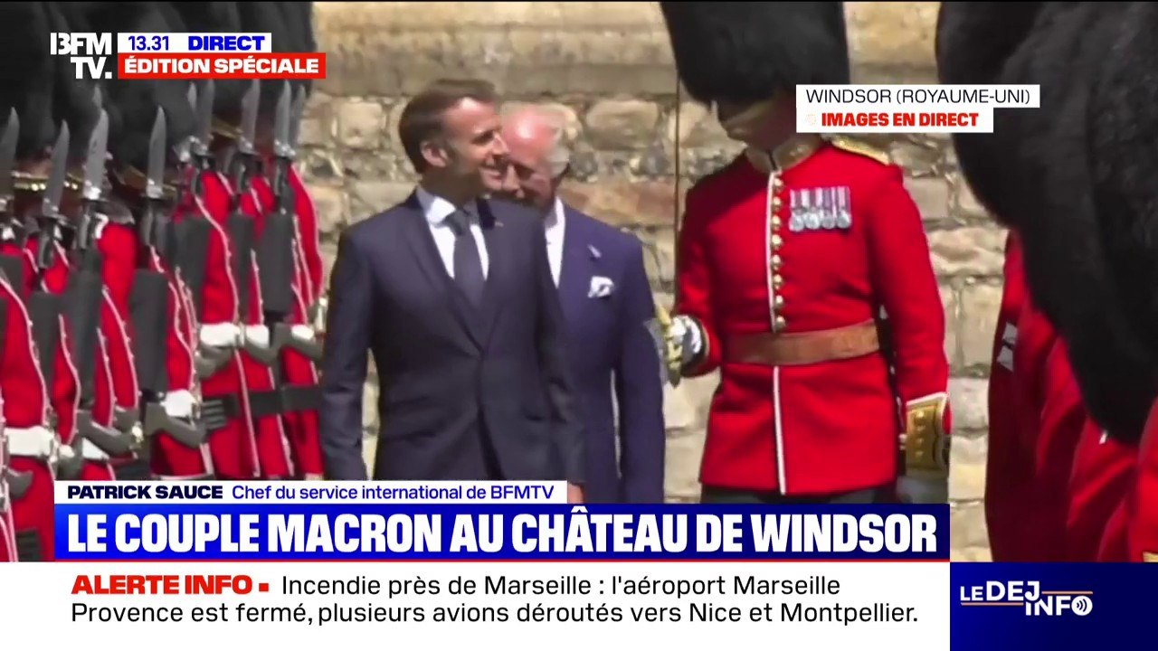 Emmanuel Macron et le roi Charles III passent en revue les troupes devant le château de Windsor