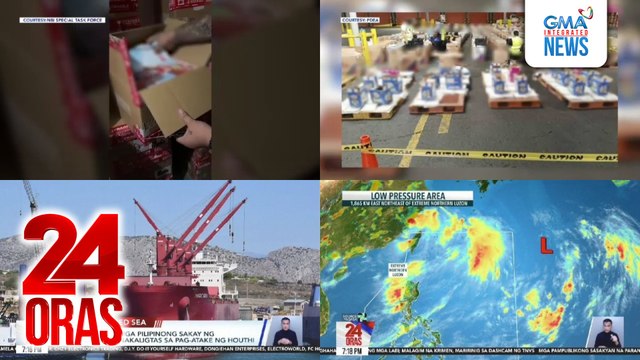 24 Oras: (Part 2) Halos P30M halaga ng mga ipinuslit at hindi umano rehistradong vape products, nasabat; P749M halaga ng shabu, nabisto sa mga balikbayan box galing U.S.; 2 nawawala, 2 sugatan sa pag-atake ng Houthi sa barkong Eternity C na may..., atbp.