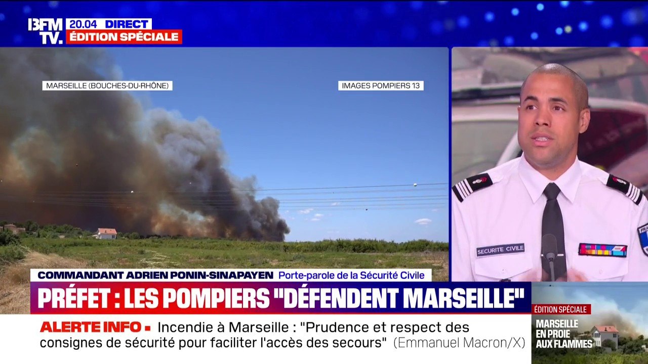 Incendie à Marseille: "Plus de 1.000 sapeurs-pompiers resteront à pied d'œuvre cette nuit", assure le commandant Adrien Ponin-Sinapayen (porte-parole de la Sécurité Civile)