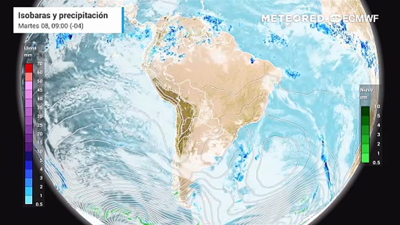 Isobaras y precipitación previstas miercoles 09 de junio.