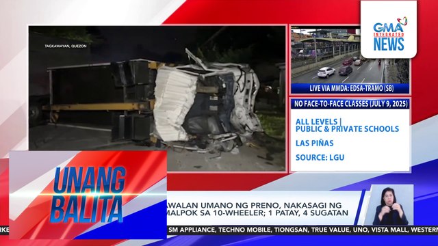 Boom truck na nawalan umano ng preno, nakasagi ng motorsiklo at sumalpok sa 10-wheeler; 1 patay, 4 sugatan | Unang Balita