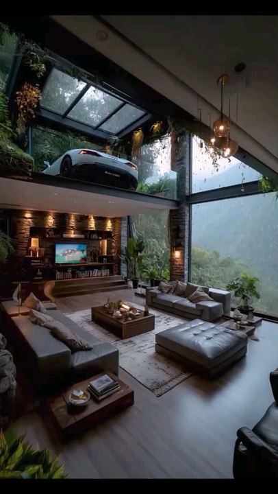 Elegant Mountain Resort Interior with Panoramic Glass Views, Suspended Supercar, and Cozy Lounge.