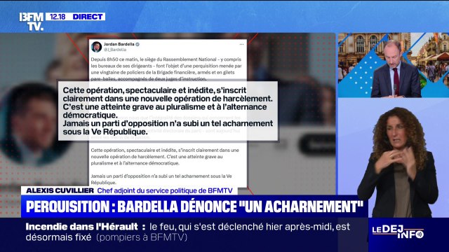 Perquisition au siège du RN: Jordan Bardella dénonce une opération de harcèlement
