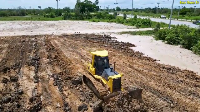 Amazing Bulldozer Komatsu D51Px Showing Power Pushing Soil fill the land, Dump truck Unloading Soil
