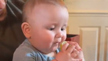 Baby boy tries a lemon for the first time and keeps licking it