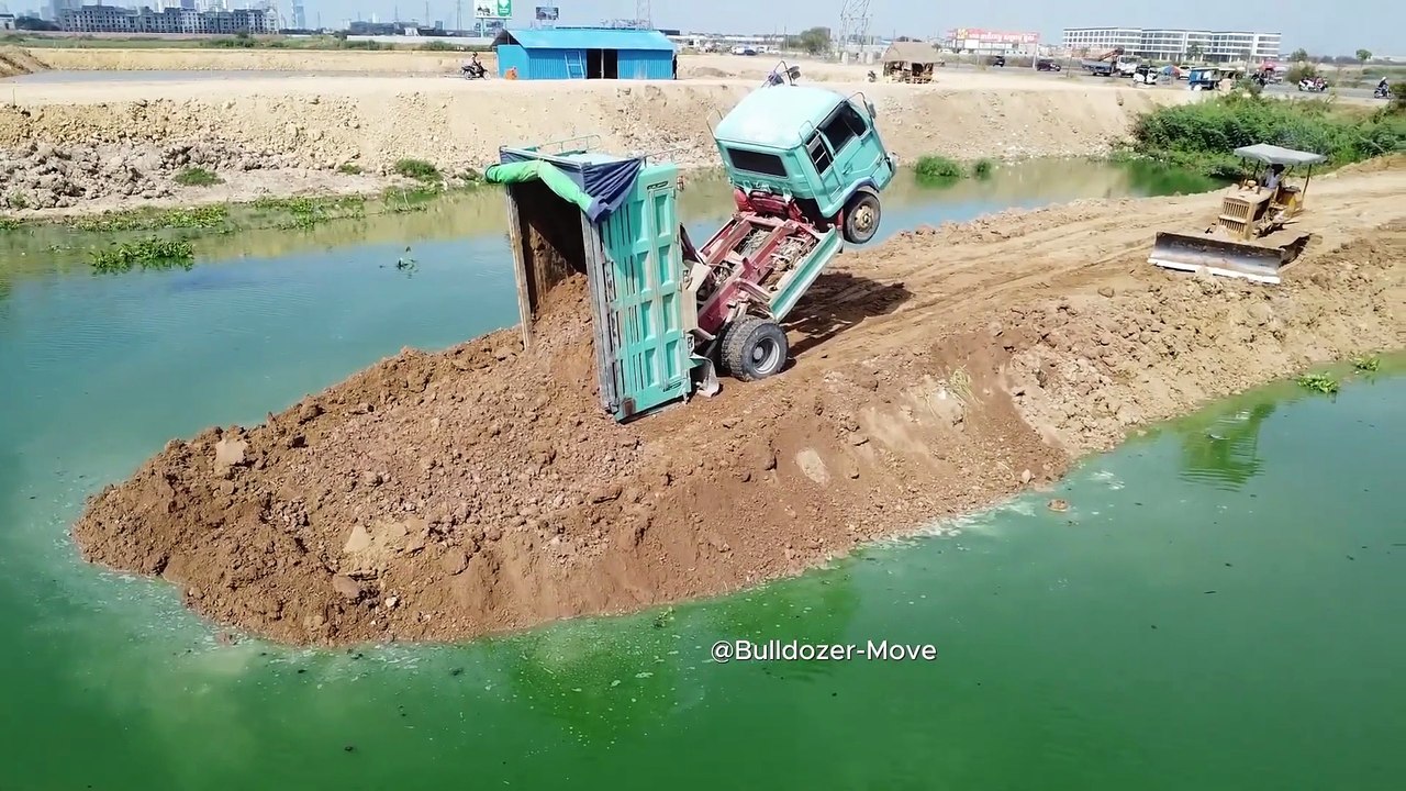 Fantastic Project Dump Truck 5T Back Upload Fails into River and Huge By Bulldozer KOMATSU