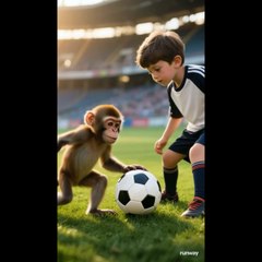 The monkey is playing football with a human