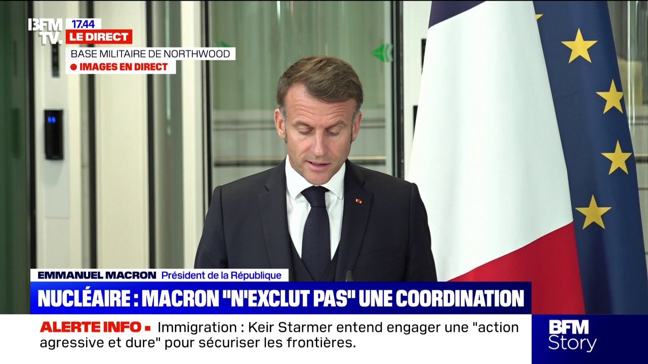 "Nous avons acté une coopération de défense accrue dans les domaines de l'intelligence artificielle, de l'espace, du cyber (...) à une époque où nos deux pays font l'objet de menaces hybrides", déclare Emmanuel Macron depuis le Royaume-Uni