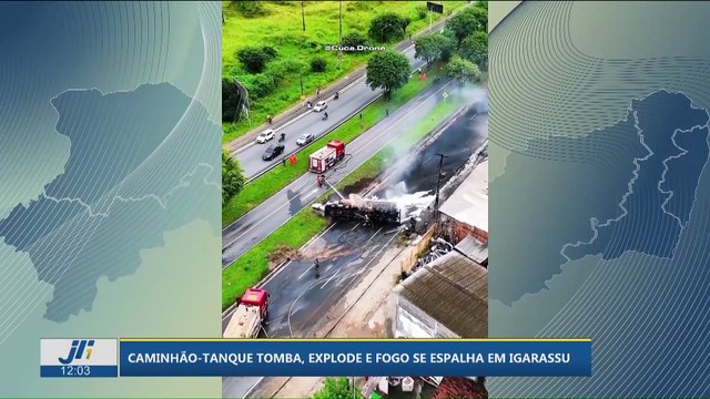 Caminhão-tanque tomba, explode e fogo se espalha em Igarassu