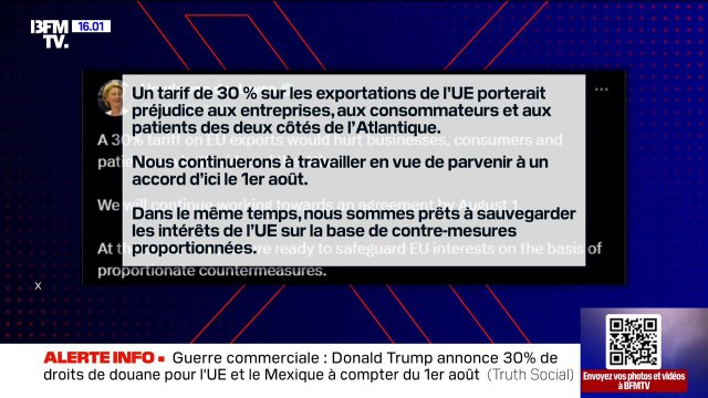 Droits de douane: l'Union européenne critique les nouveaux droits de douane de 30%, et se dit prête à continuer à travailler sur un accord