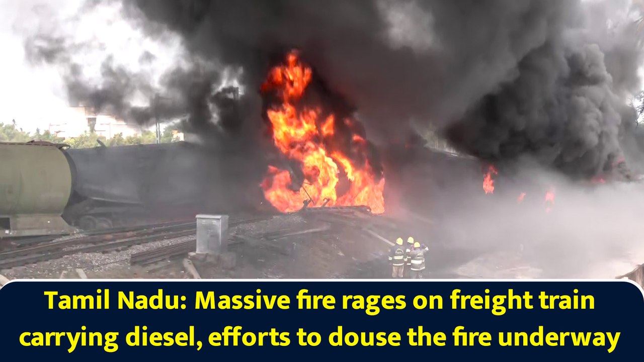 Massive fire rages on freight train carrying diesel, efforts to douse the fire underway
