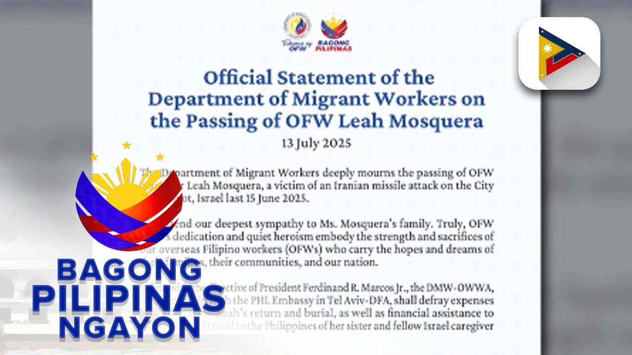 DMW, nagpaabot ng pakikiramay sa pagpanaw ng Pinay caregiver na si Leah Mosquera