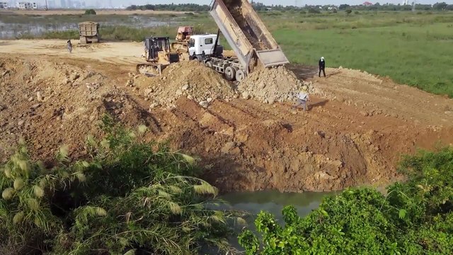 Amazing Mighty Bulldozer D60P Pushing Soil Build New Road with Truck Unloading Soil