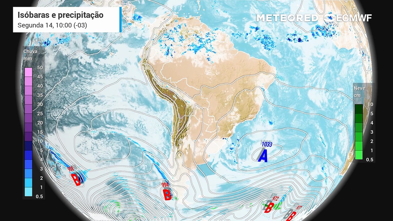 Segunda-feira, 14 de julho: Mapa de previsão de precipitação, pressão a nível médio do mar e nebulosidade entre segunda (14) e quarta-feira (16).