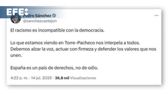 Sánchez condena el racismo y reivindica España como país de derechos, no de odio