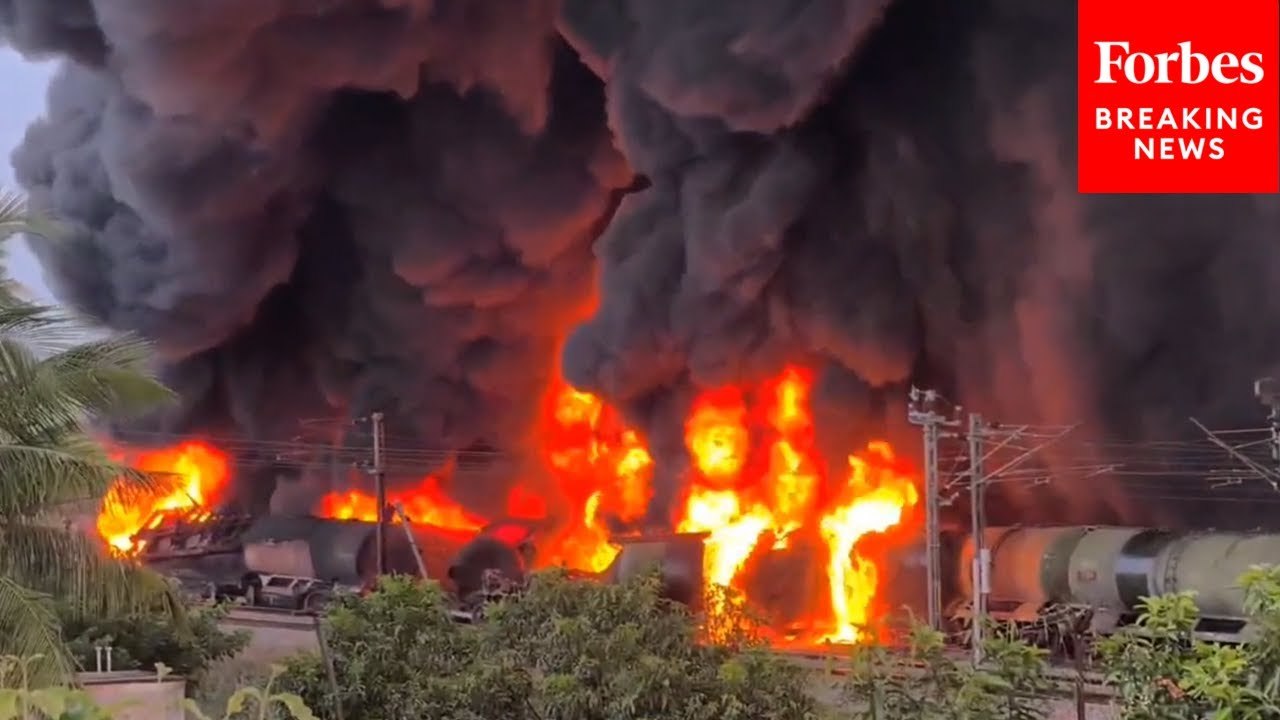 Huge Plume Of Smoke Fills The Sky In Tamil Nadu, India After Tanker Train Is Engulfed In Flames
