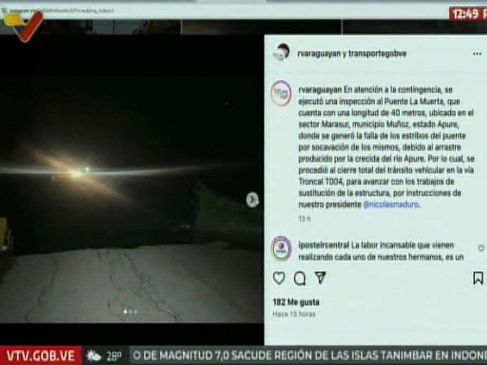 Autoridades inspeccionan el puente La Muerta ante la crecida del río Apure en el mcpio. Muñoz