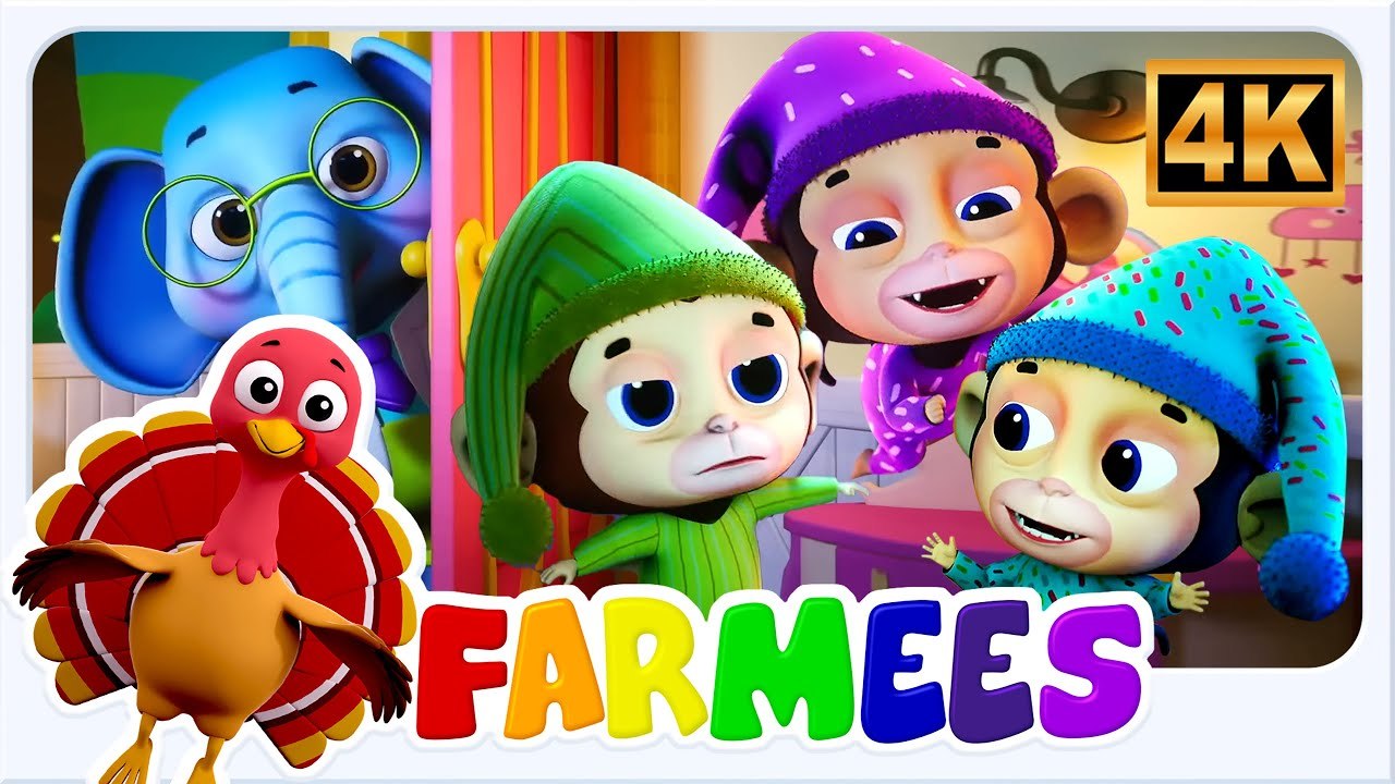 Five Little Monkeys | Farmees Nursery Rhymes & Kids Songs | Educational Video for Toddlers in 4K