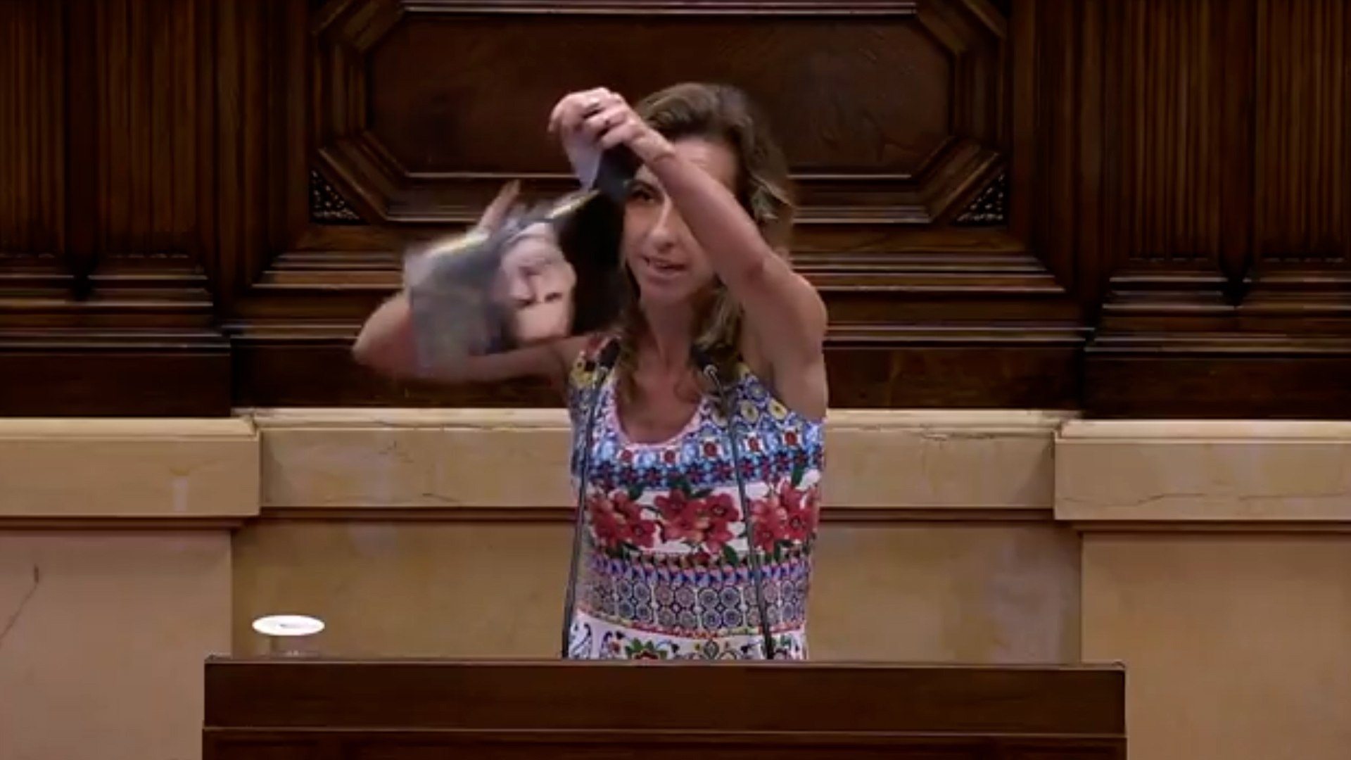 Laia Estrada, diputada de la CUP, ha roto un retrato oficial del rey FelipeVI, mientras afirmaba que "los catalanes y las catalanas no tenemos rey". Unos segundos antes incid�a en "no podemos decirle porque sino nos meten la c�rcel como a H�sel, pero los Borbones son unos ladrones".