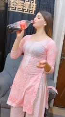 The beautiful girl drinking the cool drinking happy mood