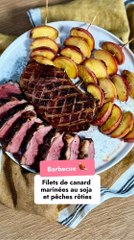 Filet de canard marinées au soja et pêches rôties