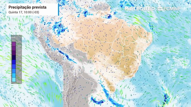 Quinta-feira, 17 de julho: Previsão de nebulosidade e precipitação para a América do Sul entre os dias 17 e 19 de julho.