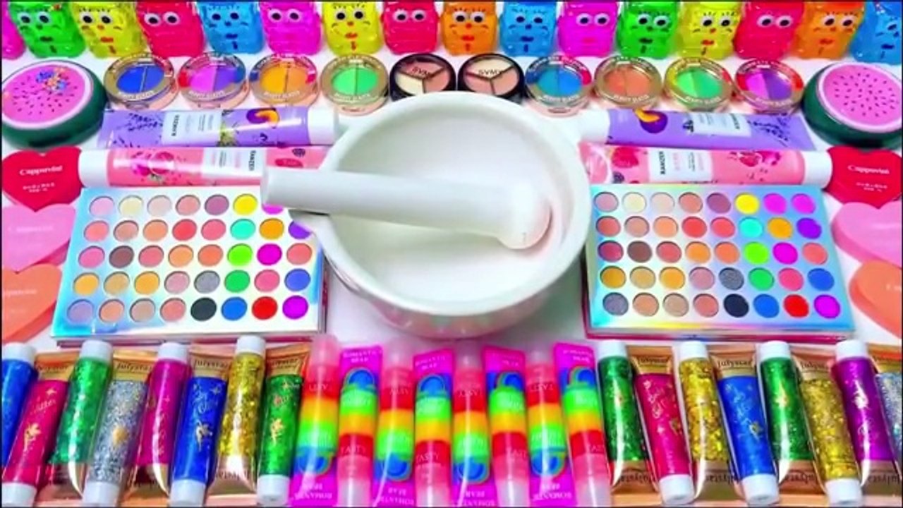 Satisfying Video DIY Slime ASMR Mixing Random Lipsticks Makeup Cosmetics Glitters into Glossy Slime