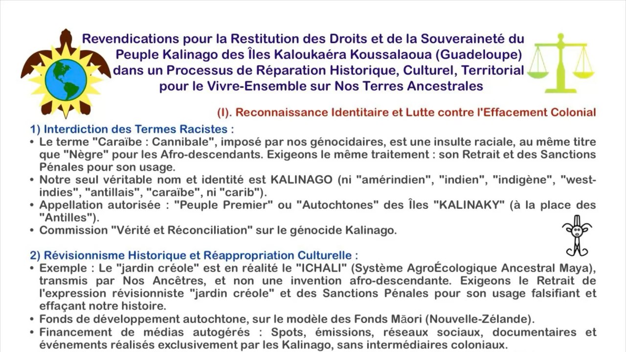 Revendications pour la Restitution des Droits et de la Souveraineté du Peuple Kalinago dans un Processus de Réparation Historique, Culturel et Territorial pour le Vivre-Ensemble sur Nos Terres Ancestrales