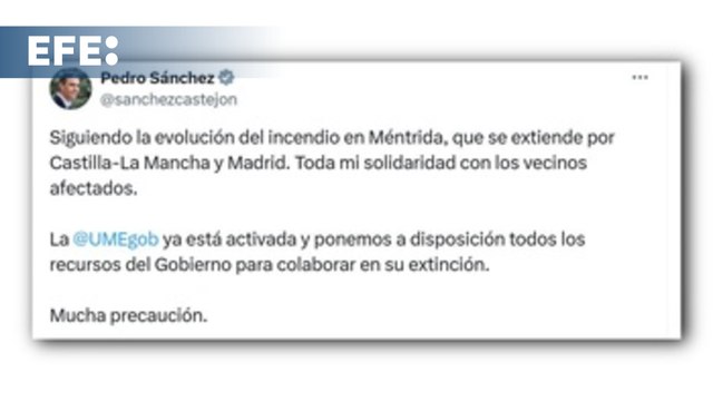 Sánchez ofrece todos los recursos para el incendio de Méntrida (Toledo)