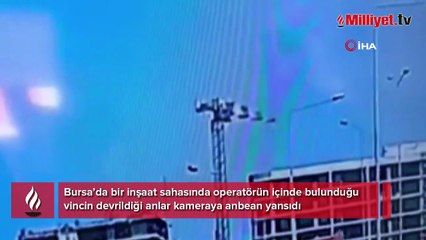 Facia teğet geçti! Vincin devrildiği anlar kamerada...