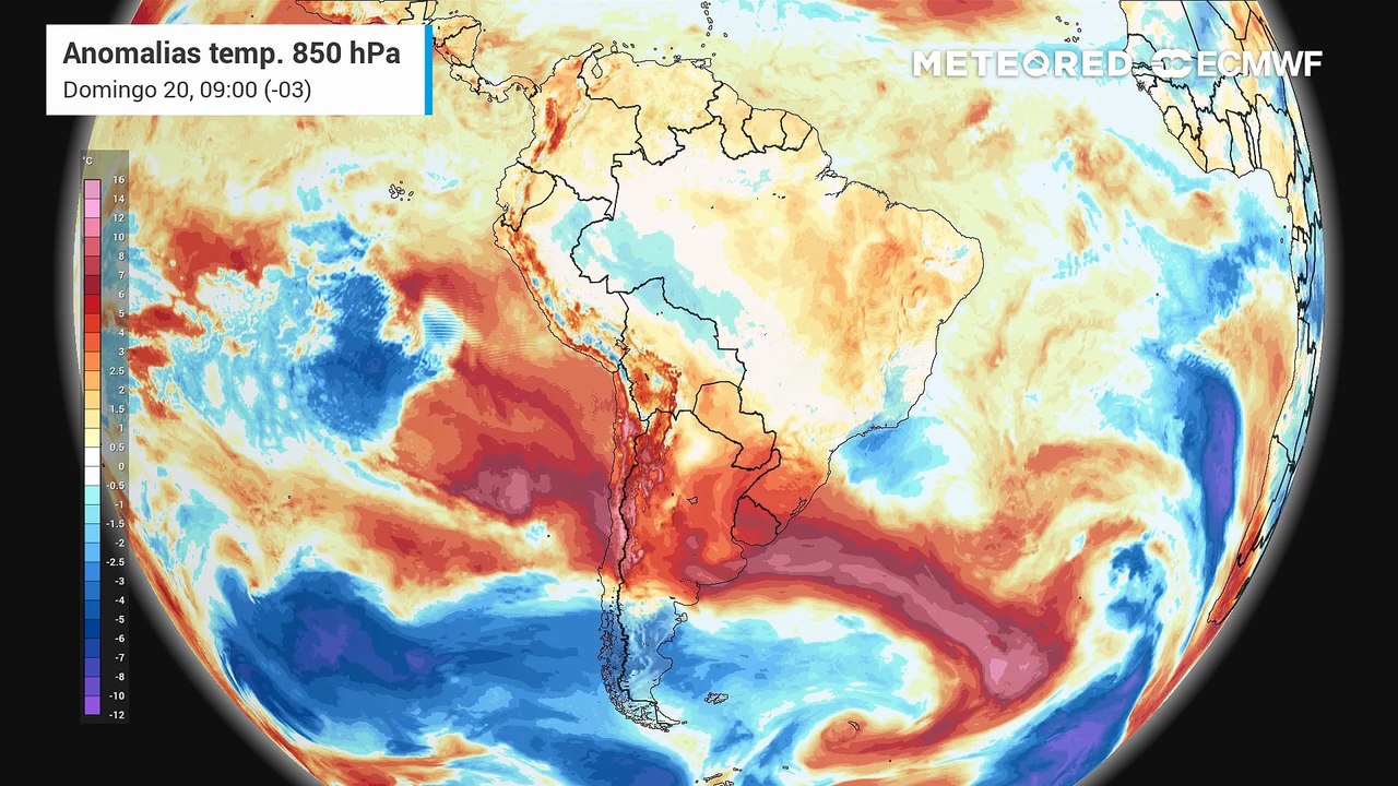 Domingo, 20 de julho: anomalia de temperatura em 850 hPa (massas de ar)