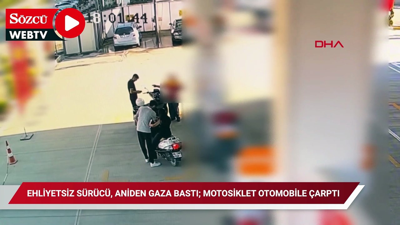 Ehliyetsiz sürücü, aniden gaza bastı; motosiklet otomobile çarptı
