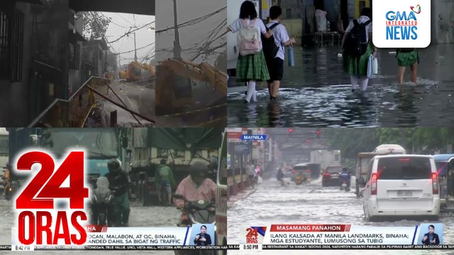 24 Oras: (Part 1) Bata, inanod ng malakas na ragasa ng baha sa Batasan Hills, QC; Araneta Ave., binaha dahil sa umapaw na creek, stranded ang mga estudyante; bahagi ng Caloocan, Malabon, at QC, binaha; marami ang stranded dahil sa bigat ng traffic, atbp.