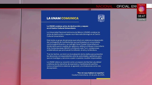 UNAM condena actos vandálicos y saqueo ocurridos en el Centro Cultural Universitario