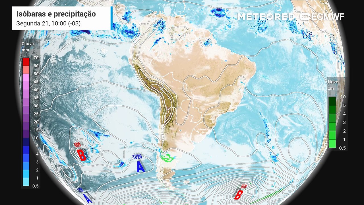 Segunda-feira, 21 de julho: Previsão de nebulosidade, chuva e pressão a nível médio do mar entre esta segunda (21) e quarta-feira (23) sobre o Brasil.