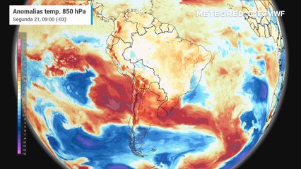 Previsão de anomalias de temperatura em 850 hPa até quarta-feira (23).