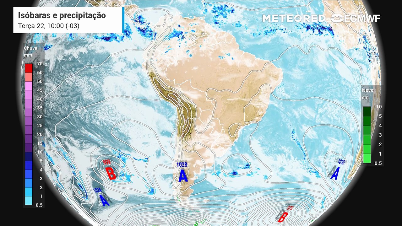 Terça-feira, 22 de julho: Previsão de nebulosidade, precipitação e pressão a nível médio do mar entre terça e quinta-feira para a América do Sul.