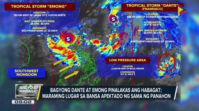 Bagyong #DantePH at #EmongPH, pinalakas ang habagat; maraming lugar sa bansa apektado ng sama ng panahon
