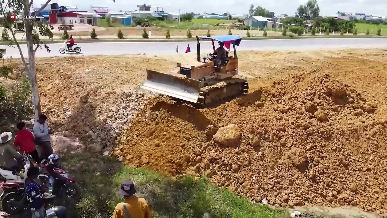 Perfectly! Opening Landfill Project Processing Filling Up Some Stone Komatsu dozer And Dump Trucks