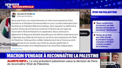 Annonce d'Emmanuel Macron sur la Palestine: "Nous exprimons nos remerciements au Président Emmanuel Macron", déclare le vice-président palestinien