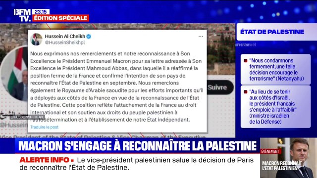 Annonce d'Emmanuel Macron sur la Palestine: Nous exprimons nos remerciements au Président Emmanuel Macron , déclare le vice-président palestinien